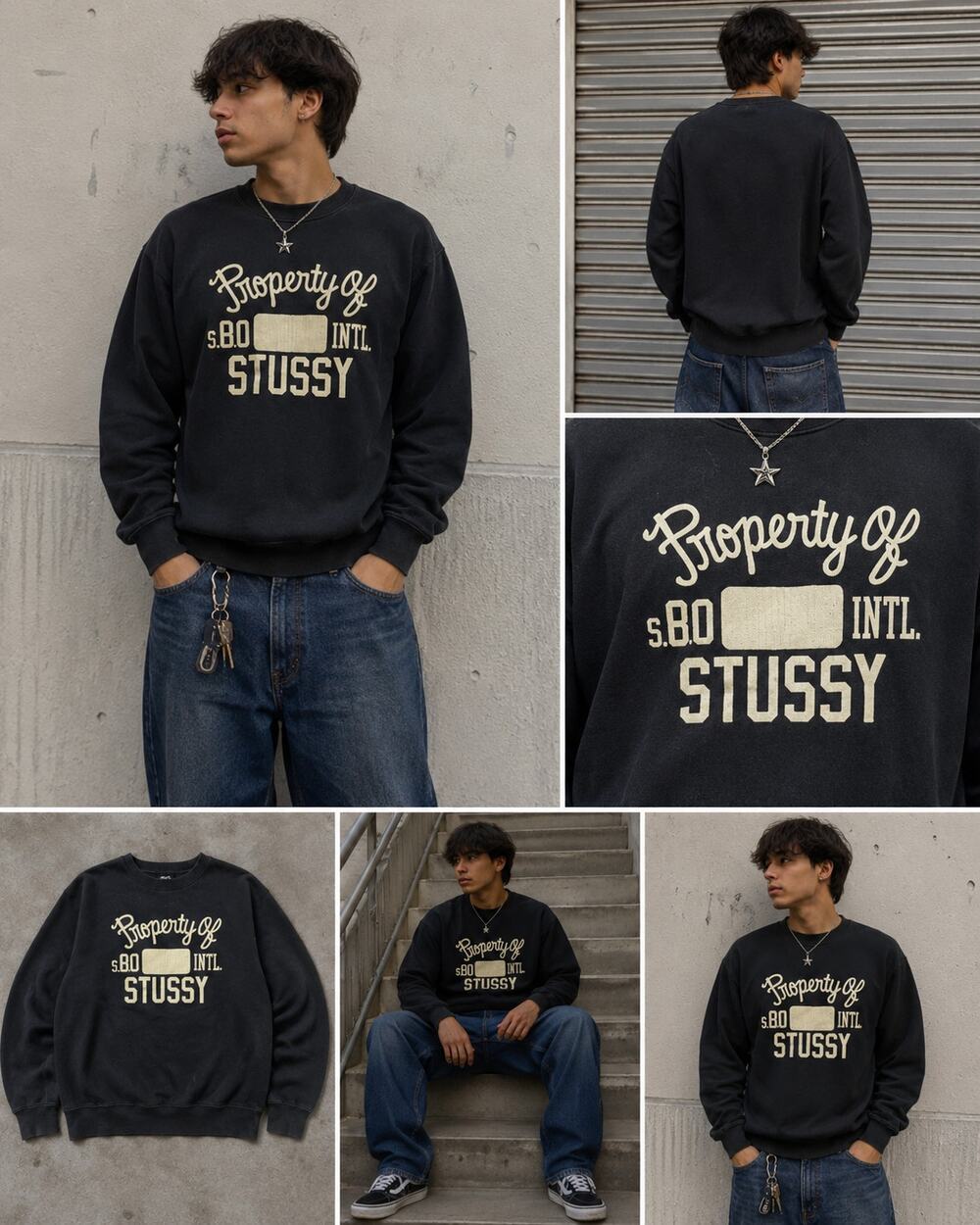 Vintage Stussy Property Of International Crewneck Sweatshirt Black Spellout Y2K